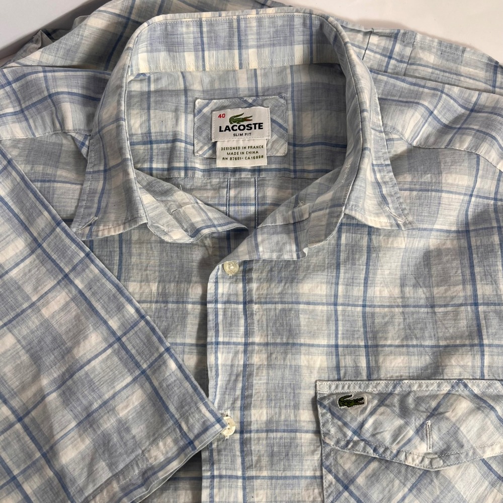 Lacoste Slim Fit Plaid Shirt Mens Size 40 Short‎ Sleeve Button Up Blue